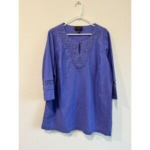 Dana Buchman Women's Purple Linen Blend Tunic Top Embroidered Keyhole Neck 1X